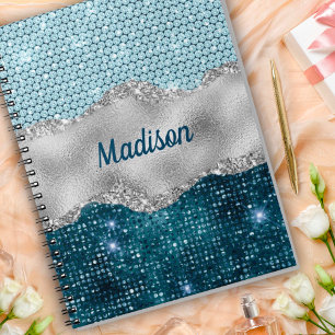 Caderno Espiral Elegante monograma prateado glitter verde menta az