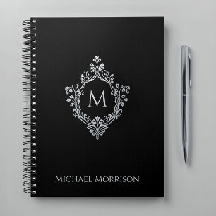 Caderno Espiral Elegante Monograma Preto com Falso Relevo Prata Vi