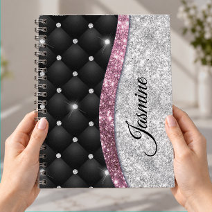 Caderno Espiral Elegante monograma rosa preto brilho Prata falso g