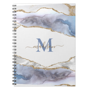 Caderno Espiral Elegante Nota com Geodo Ágata Monogramada e Brilho