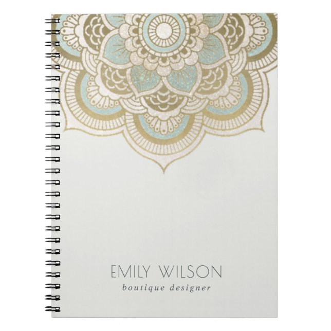 Caderno Espiral Elegante Ornamentado Dourado Turquoise Teal Mandal (Frente)