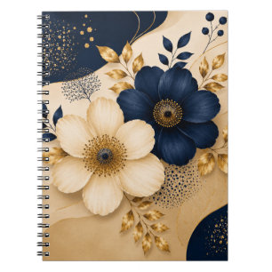 Caderno Espiral Elegante padrão floral botânico em azul naval e do