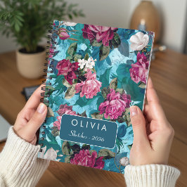 Caderno Espiral Elegante padrão floral rosa e azul Design