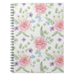 Caderno Espiral Elegante Peônia Rosa e Lavanda Floral em Aquarela
