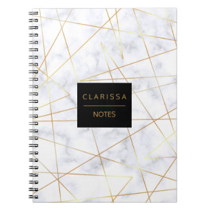 Caderno Espiral elegante pintinho, mármore branco, dourado, geom