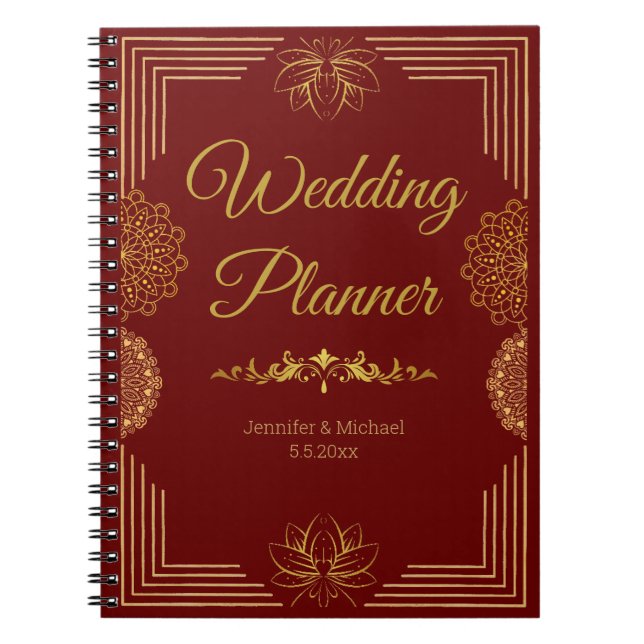 Caderno Espiral elegante planejador de casamento vermelho-indiano (Frente)