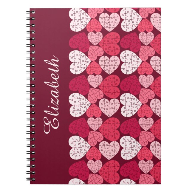 Caderno Espiral Elegante Red Pink Quebra-cabeça Heart Pattern Name (Frente)