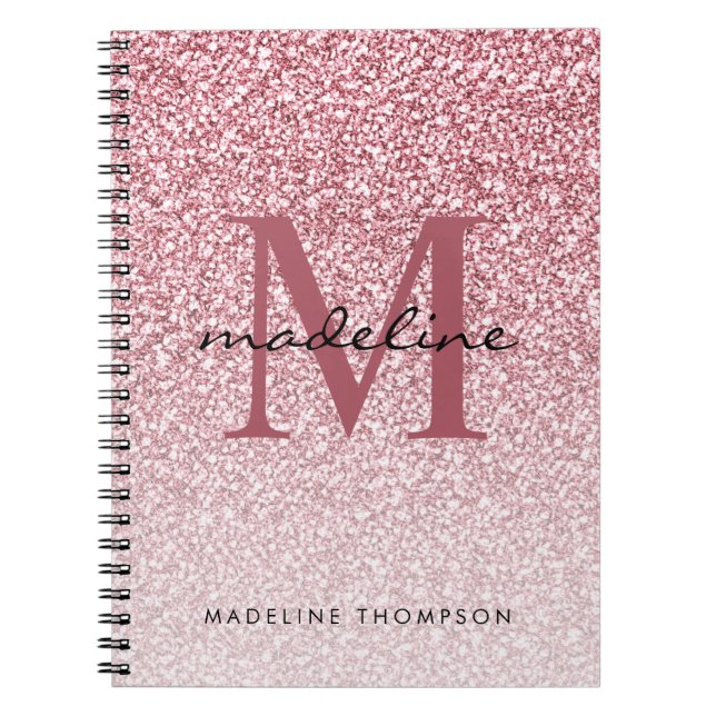 Caderno Espiral Elegante Rosa Dourado Glitter Girly Monograma (Frente)