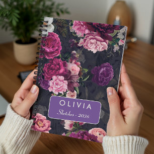 Caderno Espiral Elegante Rosa Preto Rosas Florais Monogramadas