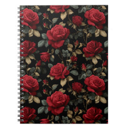 Caderno Espiral Elegante Rosa Vermelha Escura Padrão Floral Preto