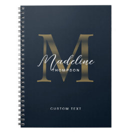 Caderno Espiral Elegante Rótulo Metálico Azul Naval Dourado Monogr