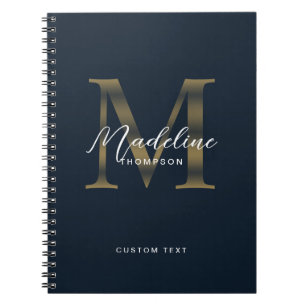 Caderno Espiral Elegante Rótulo Metálico Azul Naval Dourado Monogr