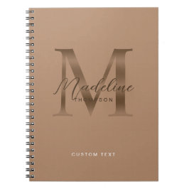 Caderno Espiral Elegante Rótulo Metálico Bege Marrom Dourado Monog
