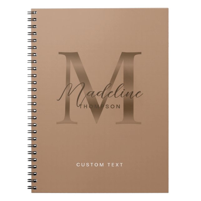 Caderno Espiral Elegante Rótulo Metálico Bege Marrom Dourado Monog (Frente)