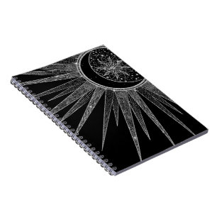 Caderno Espiral Elegante Silver Sun Moon Mandala Black Design