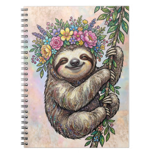 Caderno Espiral Elegante Sloth Floral Fofo com Coroa de Flores Ros