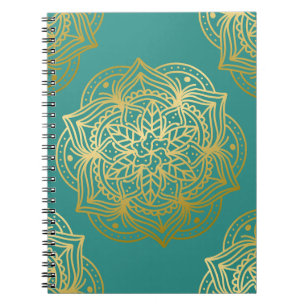 Caderno Espiral Elegante Teal Green Dourado Padrão de Mandala
