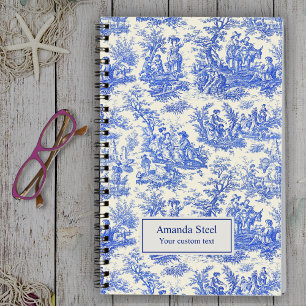 Caderno Espiral Elegante Toile de Jouy Azul Vintage Francesa