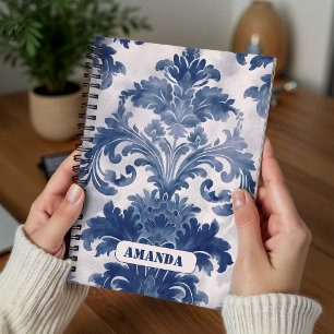 Caderno Espiral Elegante Toile de Jouy Monograma Azul Francesa