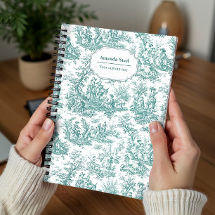 Caderno Espiral Elegante Toile de Jouy Turquesa Estilo Francês Cou