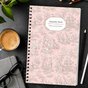 Caderno Espiral Elegante Toile De Jouy Vintage em Rosa Dourado