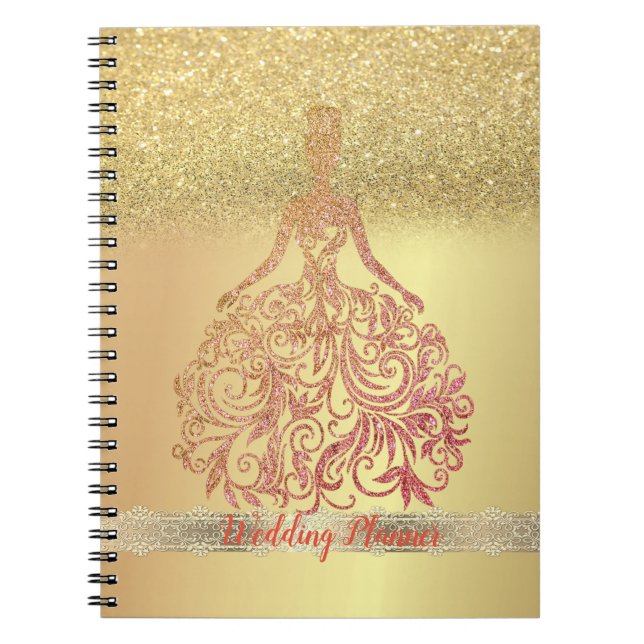 Caderno Espiral Elegante Trendy Dourada Glitter Bokeh, Vestido, La (Frente)