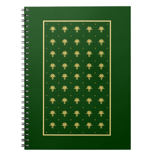 Caderno Espiral Elegante Verde e Dourado Damasco (Frente)