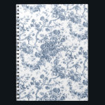 Caderno Espiral Elegante Vintage Francês Gravado Floral Toile-Blue<br><div class="desc">Padrão de madeira elegante e ornamentado, azul e branco, toile de jouy, com flores exóticas, vinhas e folhagem entrelaçadas com glândulas e cestos de rosas. Este padrão foi adaptado de um fragmento histórico têxtil francês cerca de 1910 na coleção Smithsonian. O padrão é de alta resolução, mas não pode ser...</div>