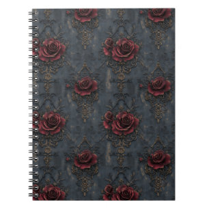 Caderno Espiral Elegante Vintage Gothic Patterm com Rosa vermelha
