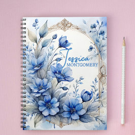 Caderno Espiral Elegante Vintage Serene Blue Blossoms