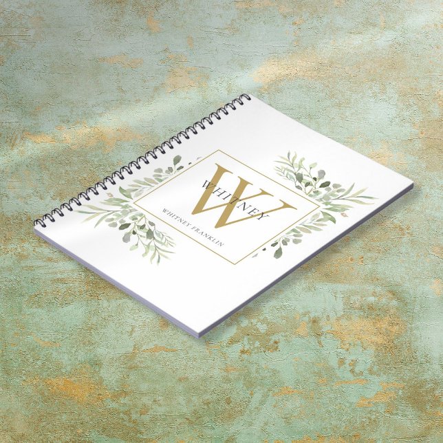 Caderno Espiral Elegante Watercolor Granulado Monograma (Elegant Watercolor Greenery Monogram Name Notebook)