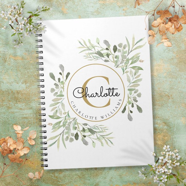 Caderno Espiral Elegante Watercolor Granulado Monograma (Elegant Watercolor Greenery Monogram Name Notebook)