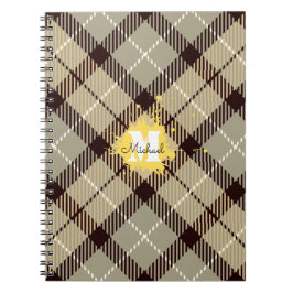 Caderno Espiral Elegante Xadrez Cinza Escocês Monograma Personaliz
