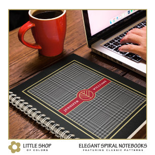 Caderno Espiral Elegante Xadrez Preto e Dourado com Monograma Verm