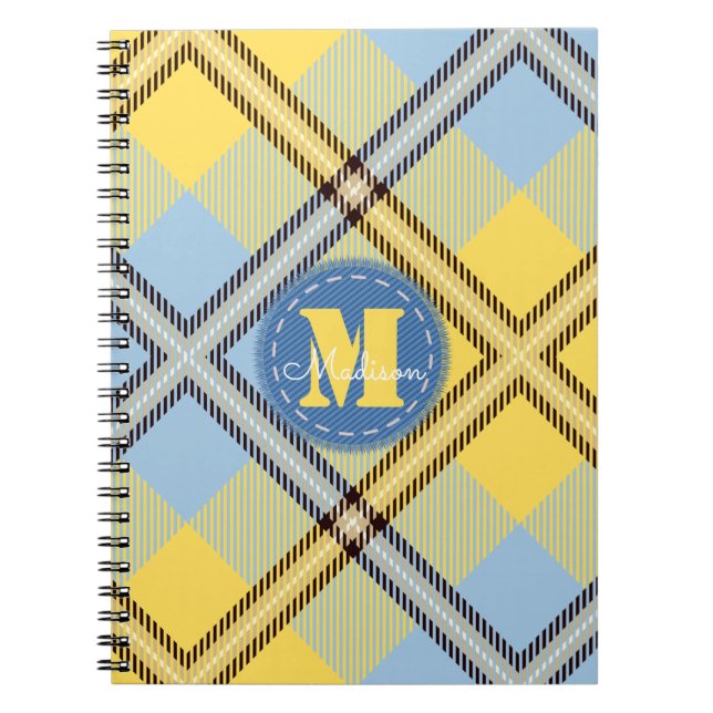 Caderno Espiral Elegante Yellow Blue Tartan Jeans Monograma Script (Frente)