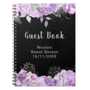 Caderno Espiral Elegantes Flores Lilás e Prata Sweet Sixteen