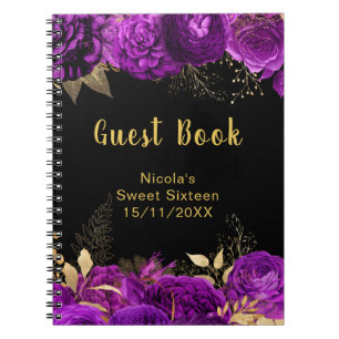 Caderno Espiral Elegantes Flores Roxas e Douradas Sweet Sixteen