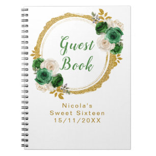 Caderno Espiral Elegantes Flores Verde Escuro e Dourado Sweet Sixt