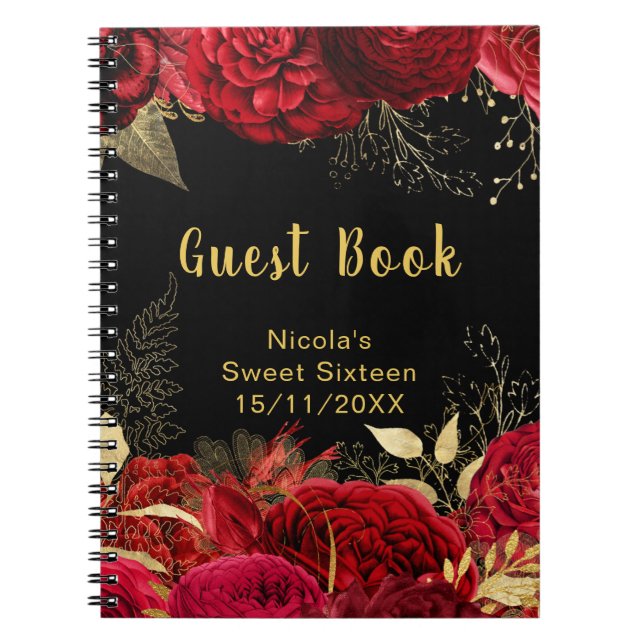 Caderno Espiral Elegantes Flores Vermelhas e Douradas Sweet Sixtee (Frente)