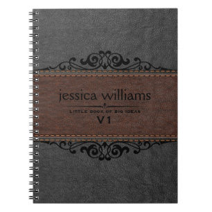 Caderno Espiral Elemento Floral Preto de Couro Castanho