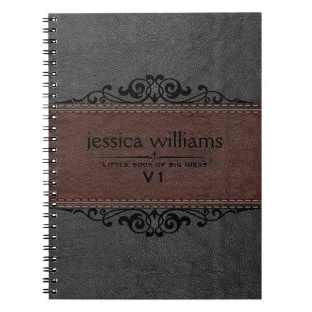 Caderno Espiral Elemento Floral Preto de Couro Castanho (Frente)