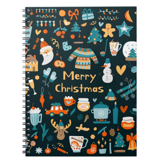 Caderno Espiral Elementos de Natal e Ano Novo desenhados à mão. (Frente)