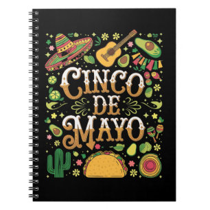 Caderno Espiral Elementos do Partido Cinco de Mayo Fiesta Cute