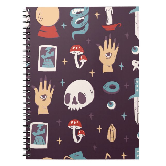 Caderno Espiral Elementos mágicos: crânio, tarot sem soldadura (Frente)