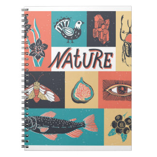 Caderno Espiral Elementos Natureza, Ícones de Estilo Retroativo.
