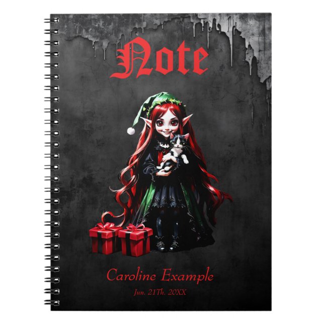 Caderno Espiral Elfo de Natal com Kitten. (Frente)