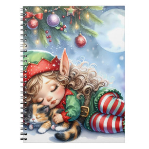 Caderno Espiral Elfo de Natal Dormindo com Gatinho Calico