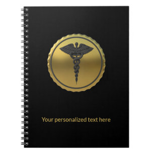 Caderno Espiral Emblema Caduceu Médico Profissional em 3D Dourado