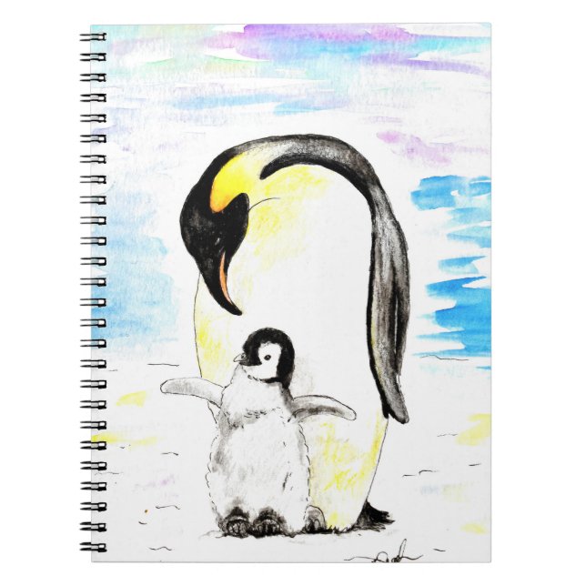 Caderno Espiral Emperor Penguin and Chick Watercolor Painting (Frente)