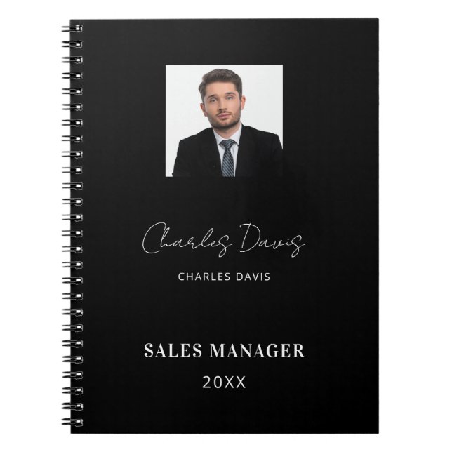 Caderno Espiral Empresa de fotos de assinatura de nome branco pret (Frente)